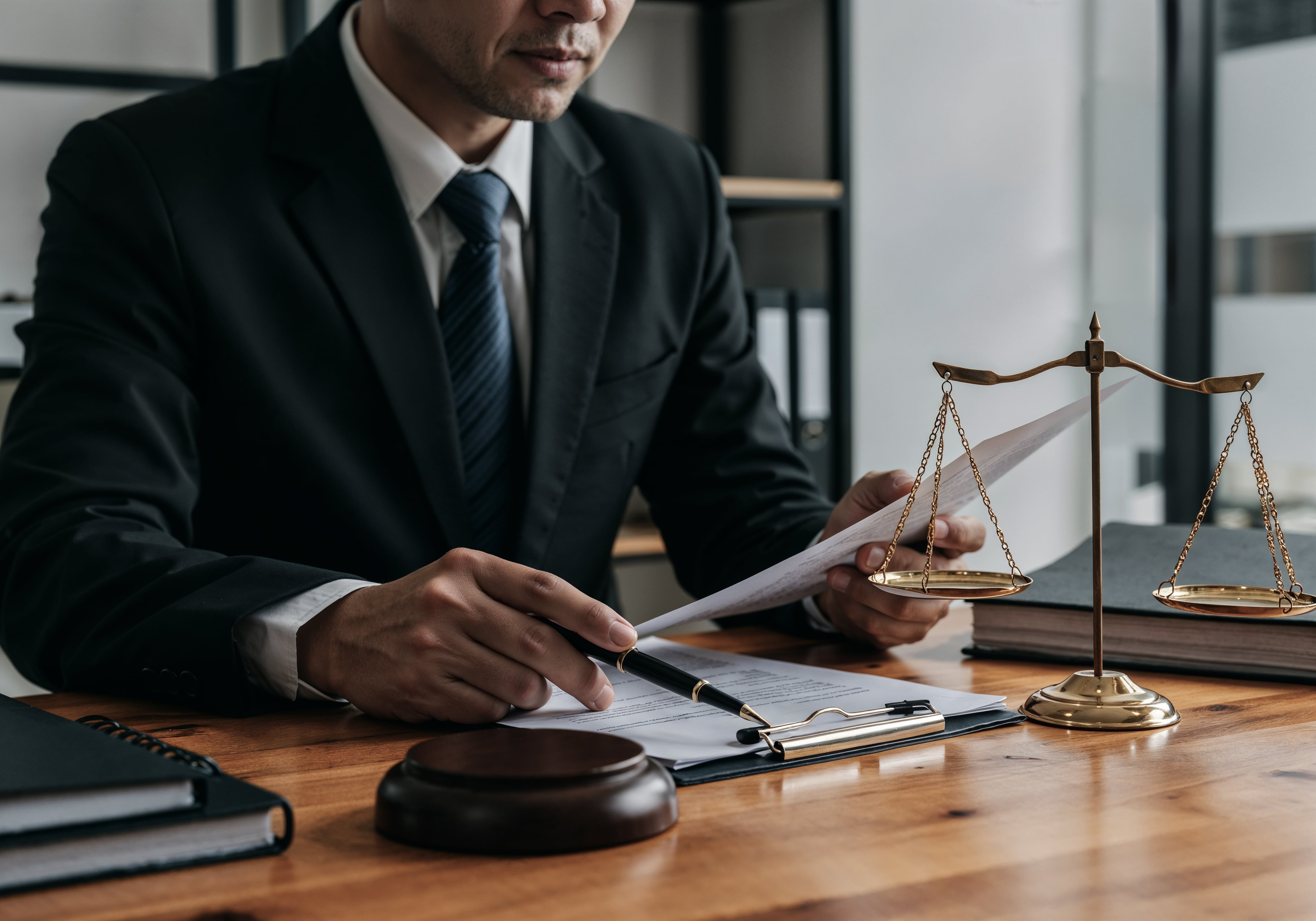 Professional female lawyer working at desk with law books and scales of justice